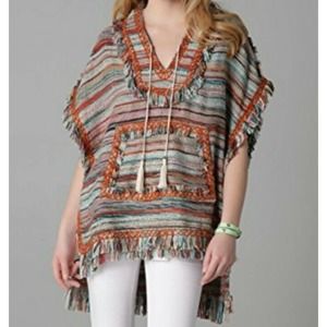 $695 Tory Burch Caterina Hooded Fringe Boucle Tweed Poncho Sweater Size Medium